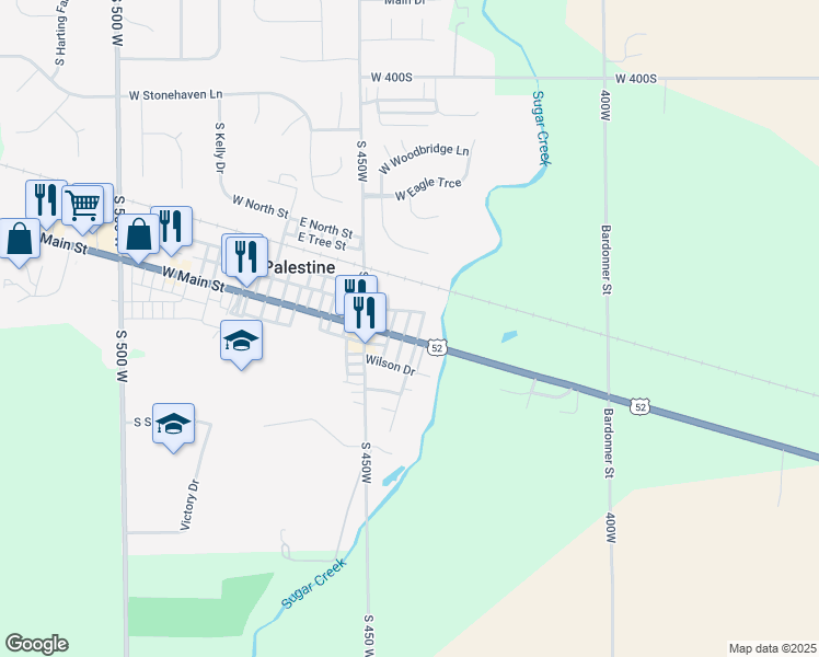 map of restaurants, bars, coffee shops, grocery stores, and more near 128 East Main Street in New Palestine