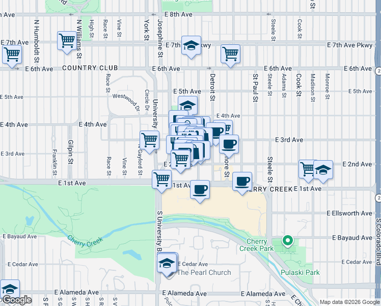 map of restaurants, bars, coffee shops, grocery stores, and more near 250 Columbine Street in Denver