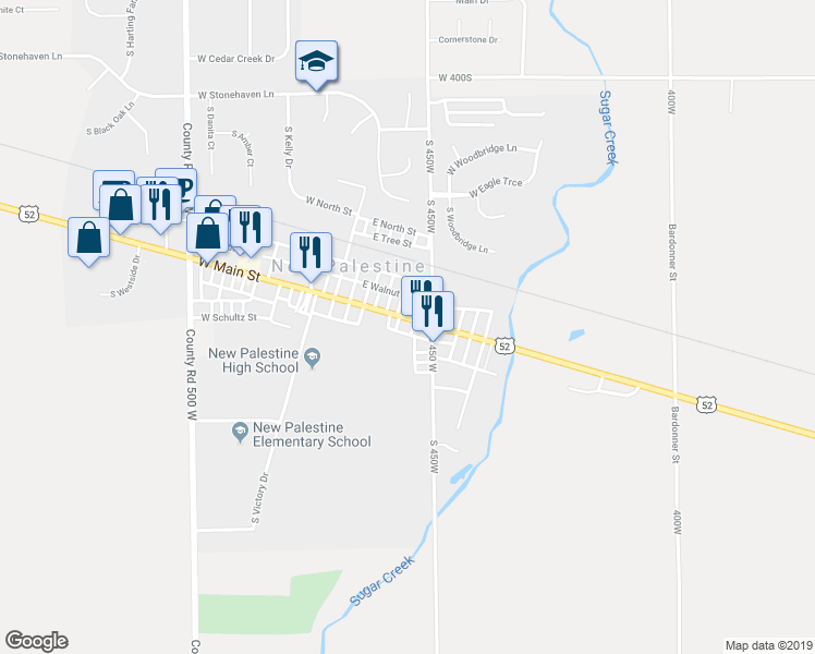 map of restaurants, bars, coffee shops, grocery stores, and more near 35 East Main Street in New Palestine