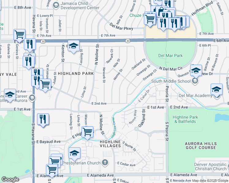 map of restaurants, bars, coffee shops, grocery stores, and more near 314 Nome Street in Aurora