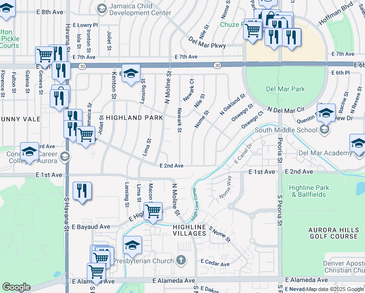 map of restaurants, bars, coffee shops, grocery stores, and more near 312 Newark Street in Aurora