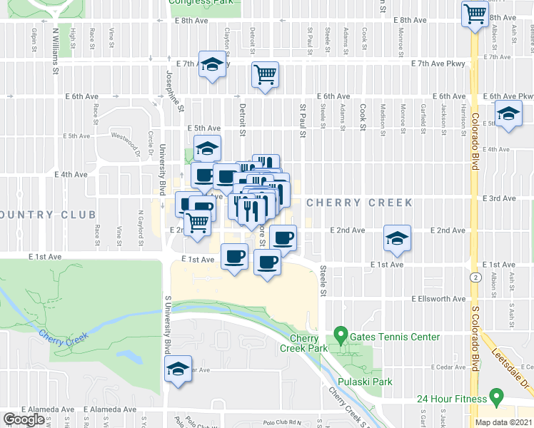 map of restaurants, bars, coffee shops, grocery stores, and more near 230 Fillmore Street in Denver