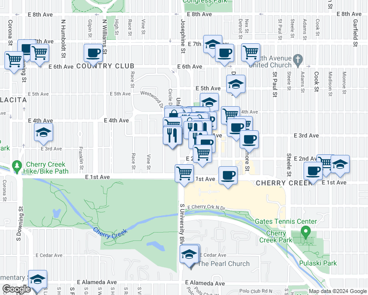 map of restaurants, bars, coffee shops, grocery stores, and more near 210 University Boulevard in Denver