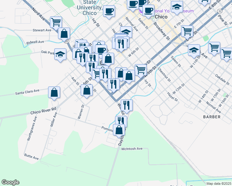 map of restaurants, bars, coffee shops, grocery stores, and more near 1023 West 8th Street in Chico