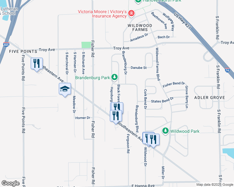 map of restaurants, bars, coffee shops, grocery stores, and more near 3334 Black Forest Lane in Indianapolis