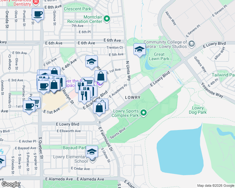 map of restaurants, bars, coffee shops, grocery stores, and more near 8165 East Lowry Boulevard in Denver
