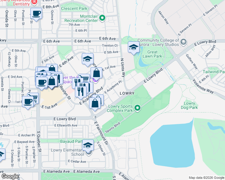 map of restaurants, bars, coffee shops, grocery stores, and more near 8185 East Lowry Boulevard in Denver