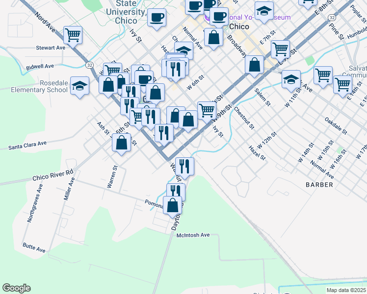 map of restaurants, bars, coffee shops, grocery stores, and more near 995 Highway 32 in Chico