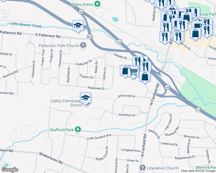 map of restaurants, bars, coffee shops, grocery stores, and more near 3540 Napanee Drive in Beavercreek