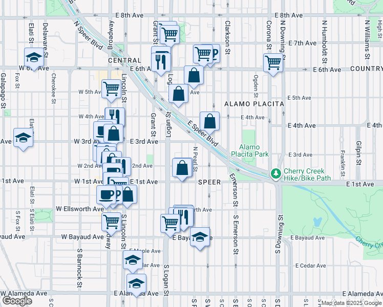 map of restaurants, bars, coffee shops, grocery stores, and more near 239 Pearl Street in Denver