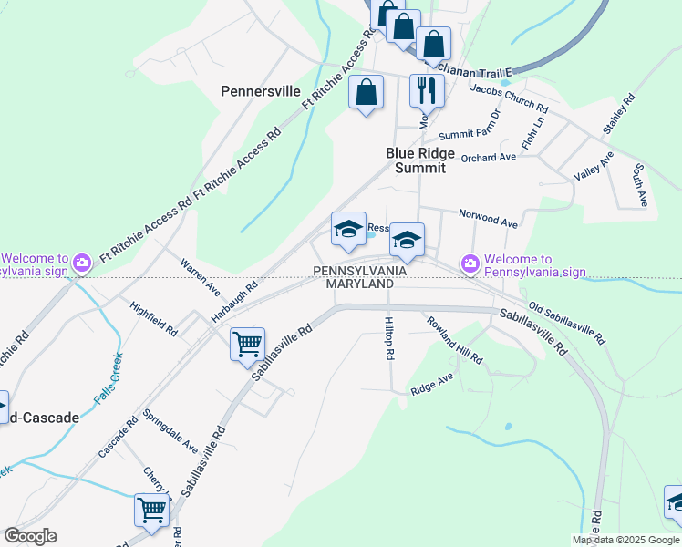 map of restaurants, bars, coffee shops, grocery stores, and more near 15413 Church Street in Blue Ridge Summit
