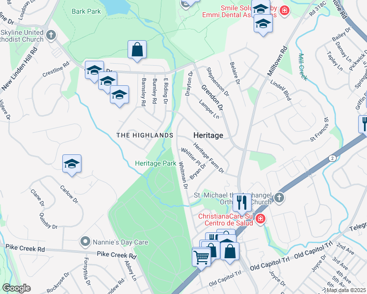 map of restaurants, bars, coffee shops, grocery stores, and more near 2619 Whittier Place in Wilmington