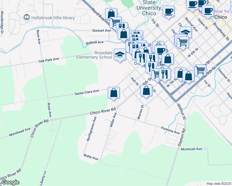 map of restaurants, bars, coffee shops, grocery stores, and more near 1445 West 3rd Street in Chico