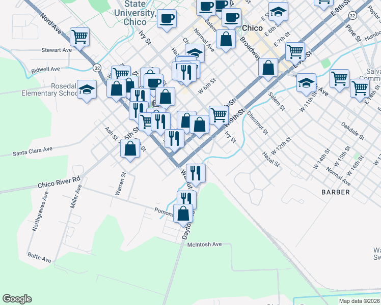 map of restaurants, bars, coffee shops, grocery stores, and more near 843 Cedar Street in Chico