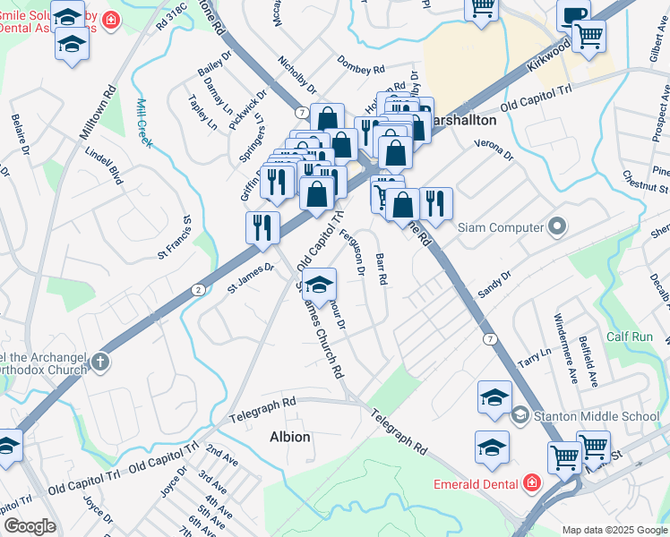 map of restaurants, bars, coffee shops, grocery stores, and more near 2126 Armour Drive in Wilmington