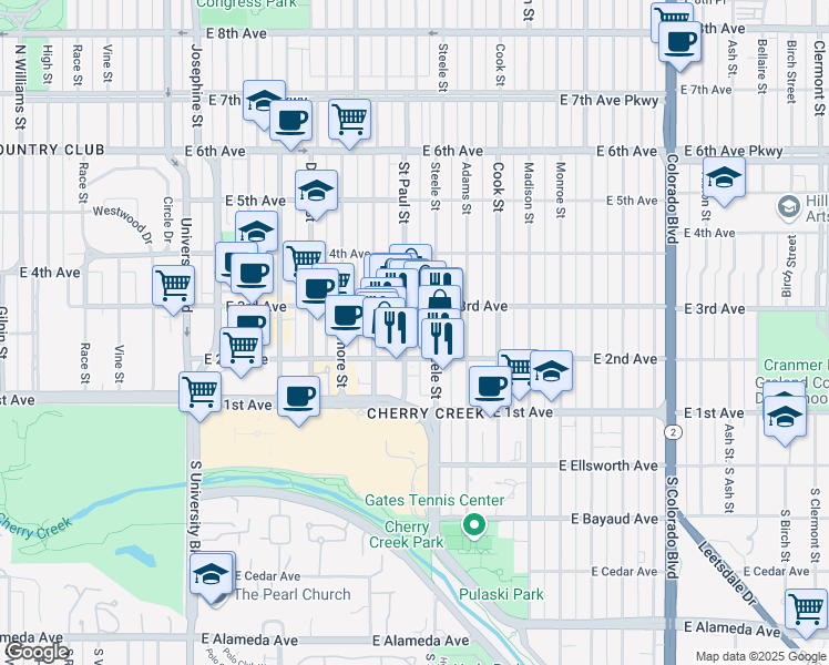 map of restaurants, bars, coffee shops, grocery stores, and more near 240 Saint Paul Street in Denver