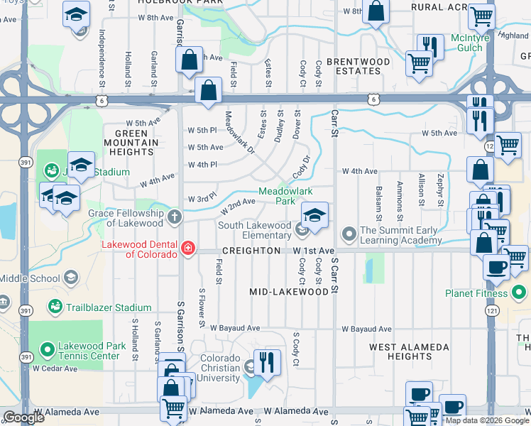map of restaurants, bars, coffee shops, grocery stores, and more near 175 Dudley Street in Lakewood