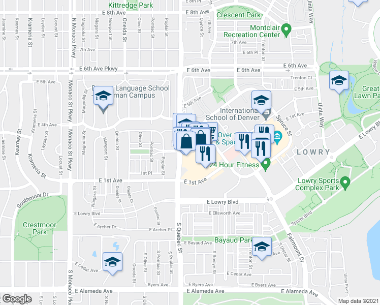 map of restaurants, bars, coffee shops, grocery stores, and more near 17 East 2nd Avenue in Denver
