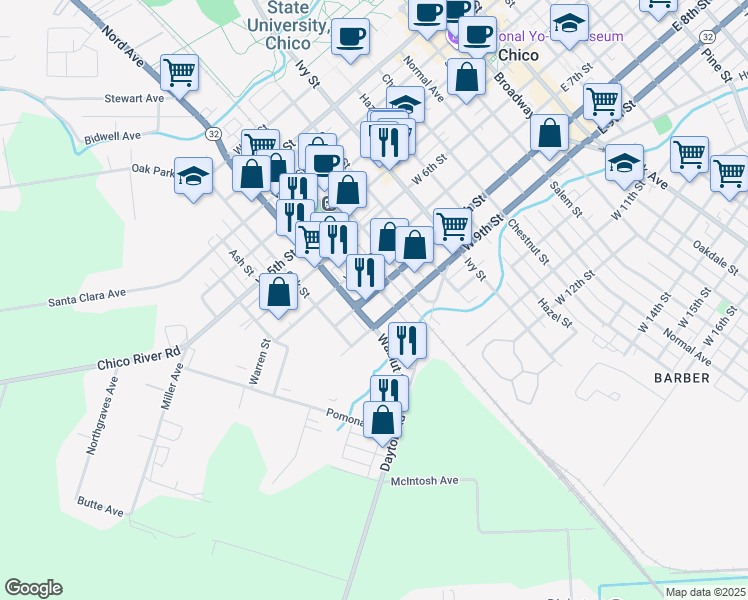 map of restaurants, bars, coffee shops, grocery stores, and more near 1023 West 8th Street in Chico