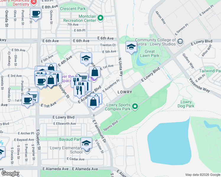 map of restaurants, bars, coffee shops, grocery stores, and more near 8165 East Lowry Boulevard in Denver