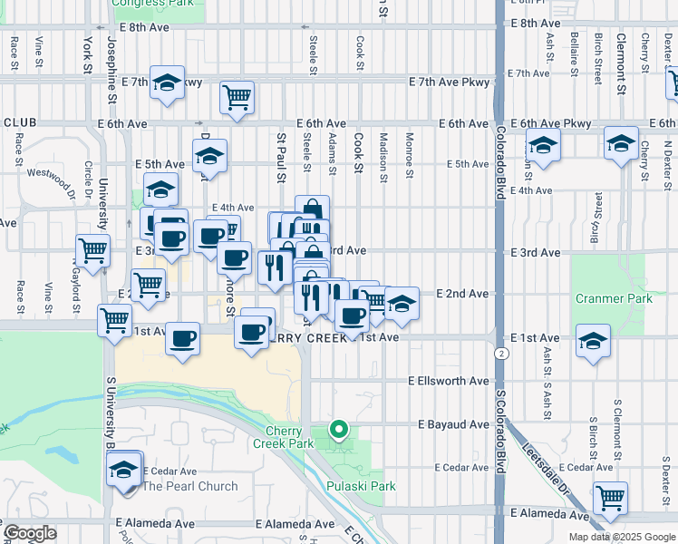 map of restaurants, bars, coffee shops, grocery stores, and more near in Denver