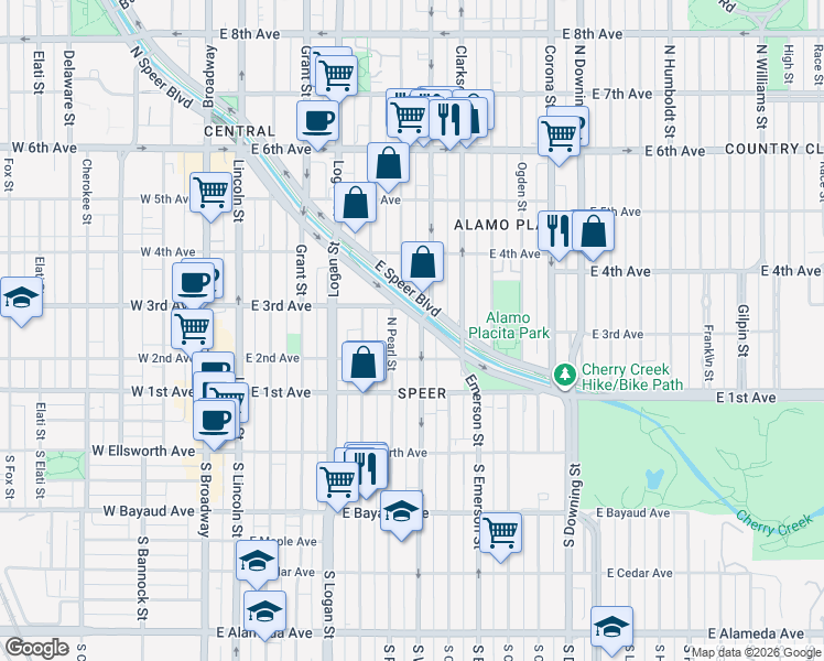 map of restaurants, bars, coffee shops, grocery stores, and more near 244 North Washington Street in Denver