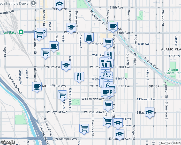 map of restaurants, bars, coffee shops, grocery stores, and more near 239 Bannock Street in Denver