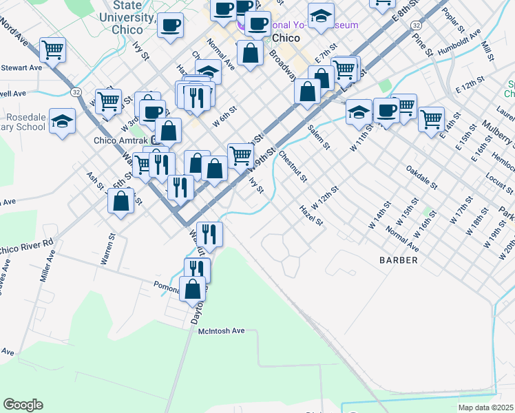 map of restaurants, bars, coffee shops, grocery stores, and more near 1022 Cherry Street in Chico