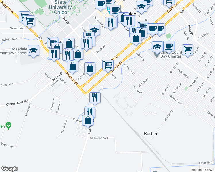 map of restaurants, bars, coffee shops, grocery stores, and more near 1022 Cherry Street in Chico