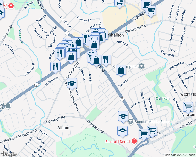 map of restaurants, bars, coffee shops, grocery stores, and more near 2118 Barr Road in Wilmington