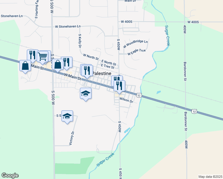 map of restaurants, bars, coffee shops, grocery stores, and more near 35 East Main Street in New Palestine