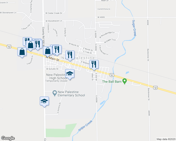 map of restaurants, bars, coffee shops, grocery stores, and more near 35 East Main Street in New Palestine