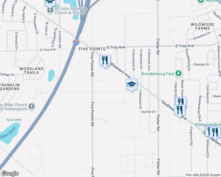 map of restaurants, bars, coffee shops, grocery stores, and more near 7136 East Payne Road in Indianapolis