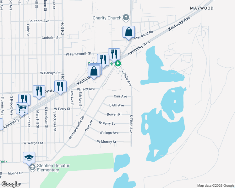 map of restaurants, bars, coffee shops, grocery stores, and more near 3426 Carr Avenue in Indianapolis