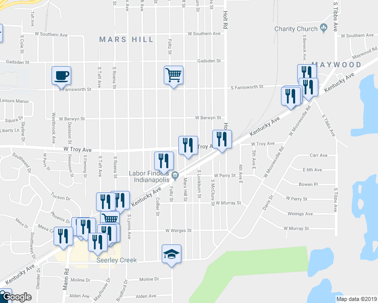 map of restaurants, bars, coffee shops, grocery stores, and more near 3016 Mars Hill Street in Indianapolis