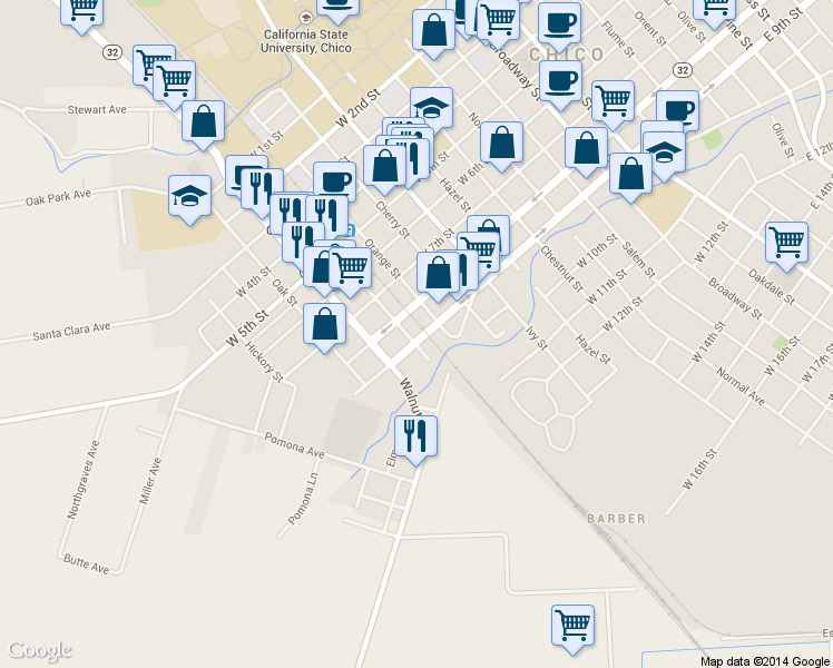 map of restaurants, bars, coffee shops, grocery stores, and more near 843 Cedar Street in Chico