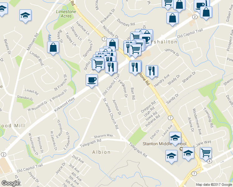 map of restaurants, bars, coffee shops, grocery stores, and more near 2126 Armour Drive in Wilmington