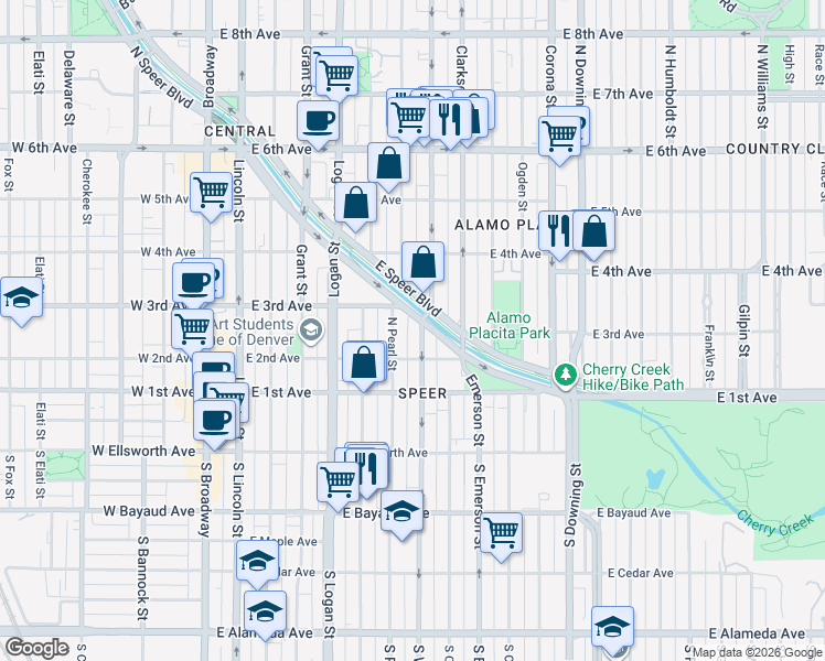 map of restaurants, bars, coffee shops, grocery stores, and more near 255 North Washington Street in Denver