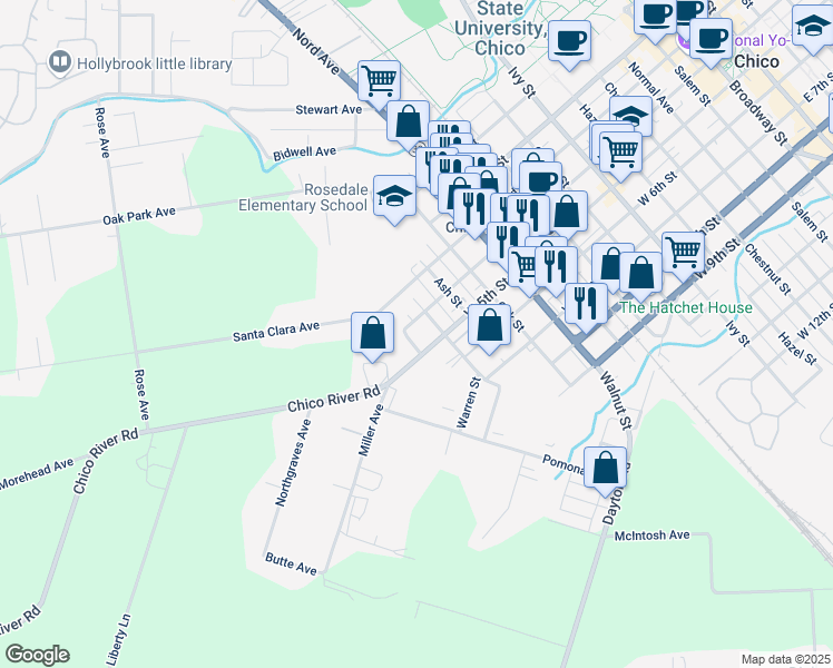 map of restaurants, bars, coffee shops, grocery stores, and more near 415 Maple Street in Chico