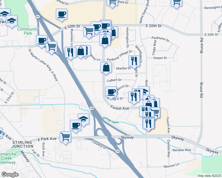map of restaurants, bars, coffee shops, grocery stores, and more near 2068 Talbert Drive in Chico