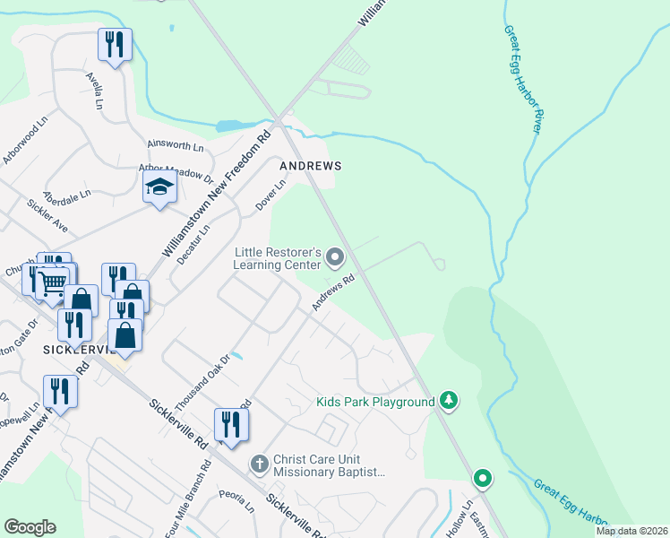 map of restaurants, bars, coffee shops, grocery stores, and more near 403 Andrews Road in Winslow Township