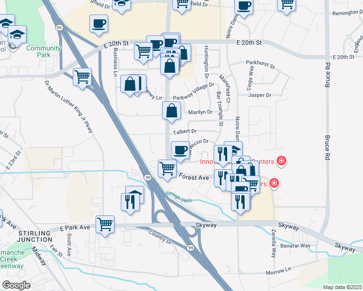 map of restaurants, bars, coffee shops, grocery stores, and more near 2068 Talbert Drive in Chico