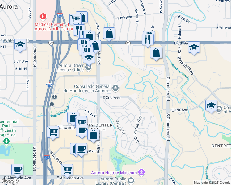 map of restaurants, bars, coffee shops, grocery stores, and more near 14707 East 2nd Avenue in Aurora