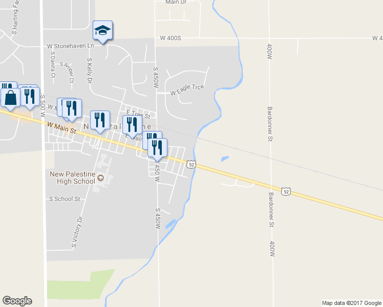 map of restaurants, bars, coffee shops, grocery stores, and more near 132 East Main Street in New Palestine