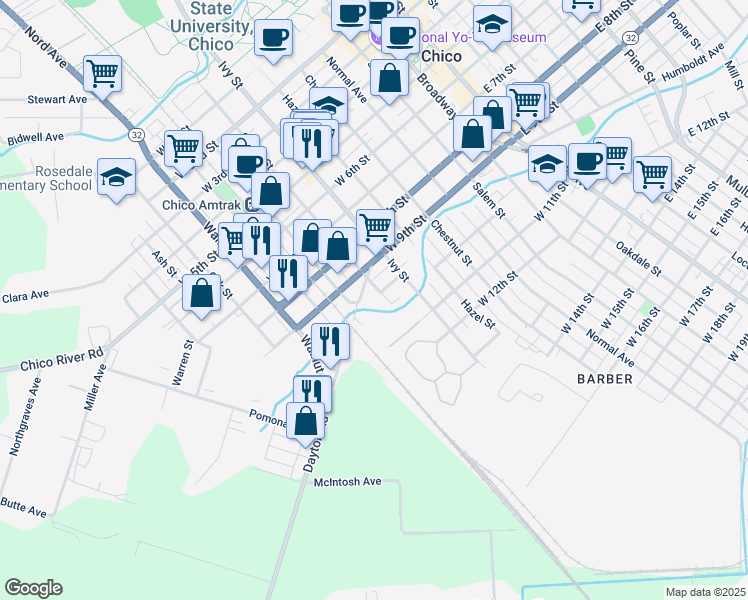 map of restaurants, bars, coffee shops, grocery stores, and more near 1022 Cherry Street in Chico