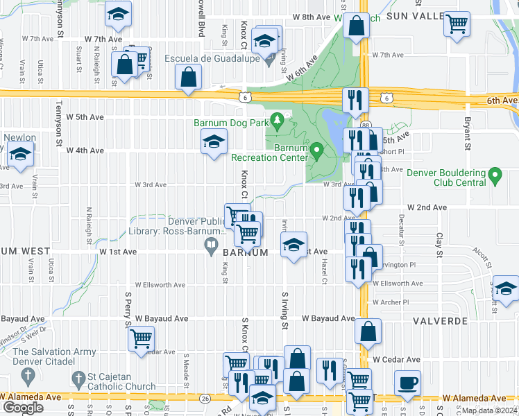 map of restaurants, bars, coffee shops, grocery stores, and more near 211 Julian Street in Denver