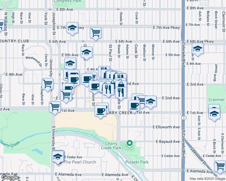 map of restaurants, bars, coffee shops, grocery stores, and more near 240 Saint Paul Street in Denver