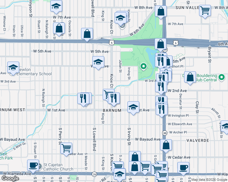 map of restaurants, bars, coffee shops, grocery stores, and more near 212 Knox Court in Denver
