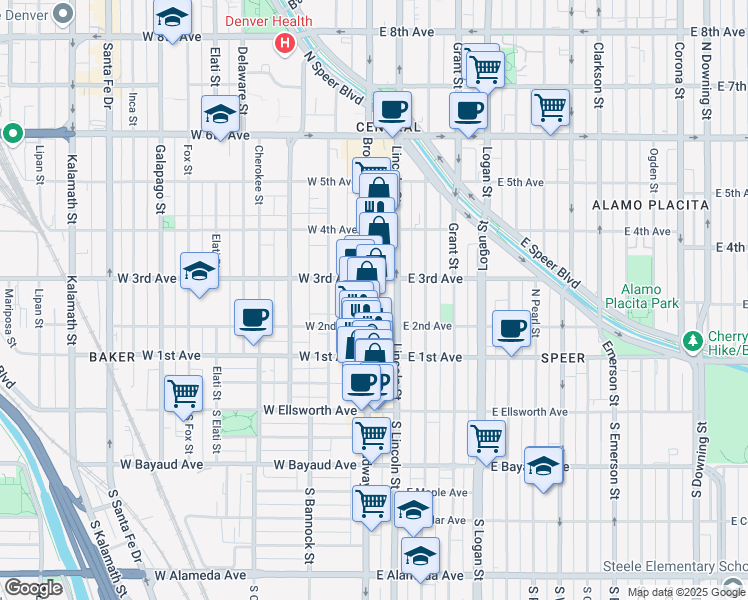 map of restaurants, bars, coffee shops, grocery stores, and more near 235 Lincoln Street in Denver