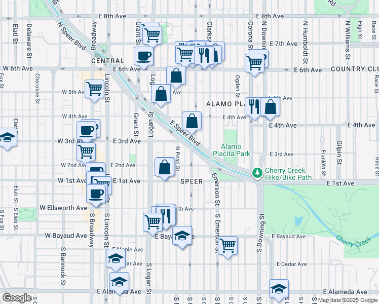 map of restaurants, bars, coffee shops, grocery stores, and more near 244 North Washington Street in Denver